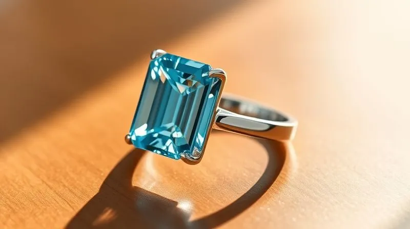 A close-up, photorealistic professional photography shot of a custom engagement ring featuring a brilliant blue topaz, emerald cut, securely set in a protective platinum bezel setting. The ring is elegantly displayed on a polished wooden surface, illuminated by soft, natural light, highlighting the topaz's clarity and the setting's craftsmanship. Sharp focus on the ring, with a gentle depth of field blurring the background. 8K hyper-detailed, shot on a high-end DSLR, conveying security and refined elegance.
