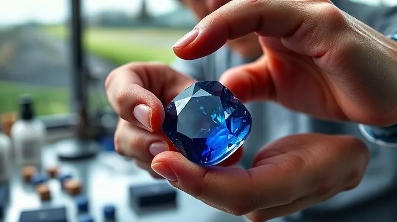 A photorealistic professional photography shot of a jeweler's hands meticulously inspecting a raw, ethically sourced sapphire crystal, with a blurred background of a modern gemological lab and a subtle hint of lush, green mining landscape in the far distance. The lighting is cinematic, highlighting the natural beauty of the crystal and the careful attention to detail. Sharp focus on the hands and crystal, depth of field blurring the background. 8K hyper-detailed, shot on a high-end DSLR, conveying responsibility and craft.