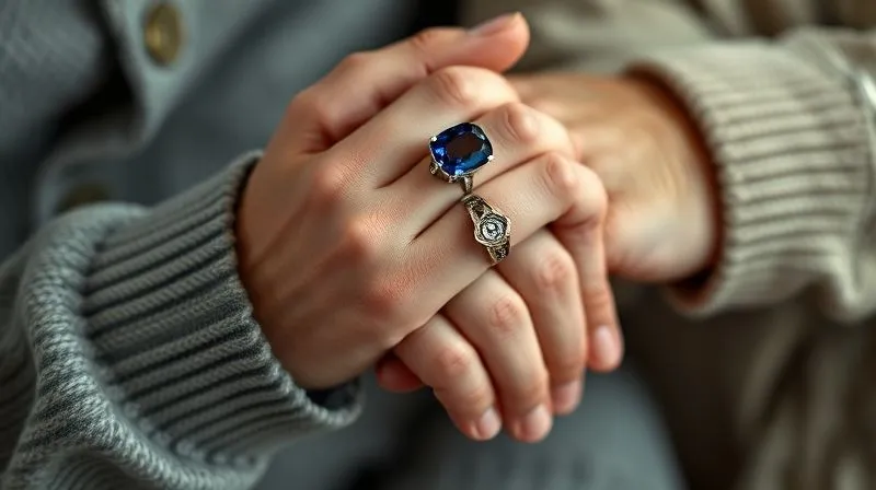 A close-up, photorealistic professional photography shot of an elderly couple's hands gently clasped, with a beautifully aged yet pristine exotic gemstone engagement ring (e.g., a deep blue sapphire) prominently displayed on the woman's finger. The ring shows signs of a lifetime of wear but remains vibrant and intact, symbolizing enduring love and resilience. Soft, warm cinematic lighting, sharp focus on the hands and ring, with a shallow depth of field blurring a cozy, timeless background. 8K hyper-detailed, shot on a high-end DSLR, conveying longevity, love, and heritage.