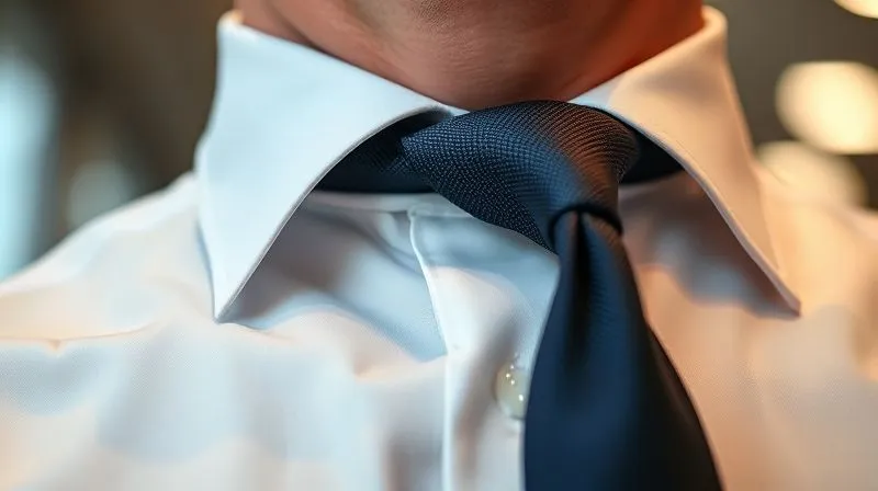 A photorealistic, professional photography, 8K, cinematic lighting, sharp focus, depth of field, shot on a high-end DSLR image showing a close-up of a perfectly starched white shirt collar, with a dark tie knotted precisely. The background is blurred, suggesting a high-stakes corporate environment. The image emphasizes the crispness and structure of the collar, conveying meticulous attention to detail and understated power.