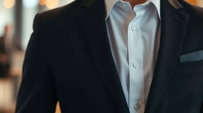 A photorealistic, professional photography, 8K, cinematic lighting, sharp focus, depth of field, shot on a high-end DSLR image focusing on the impeccable fit of a dark suit jacket and a crisp white shirt. The fabric texture is visible, and the silhouette is sharp, with a subtle depth of field blurring the background. The image conveys precision and tailoring excellence.