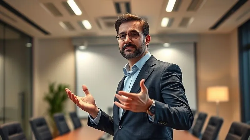 A photorealistic, professional photography, 8K, cinematic lighting, sharp focus, depth of field, shot on a high-end DSLR image of a confident businessman making a presentation in a modern, well-lit boardroom. He is impeccably dressed, with a sharp suit and a perfectly chosen shirt collar, his body language open and authoritative. The image captures the feeling of self-assurance and command.