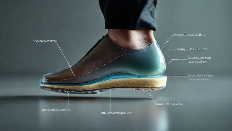 Photorealistic, professional photography, 8K, cinematic lighting, sharp focus, depth of field, shot on a high-end DSLR. A cross-section diagram of a sophisticated formal shoe, highlighting the layers of advanced cushioning (gel, memory foam), arch support, and lightweight sole materials. The image should be clean, informative, and visually demonstrate the internal engineering.
