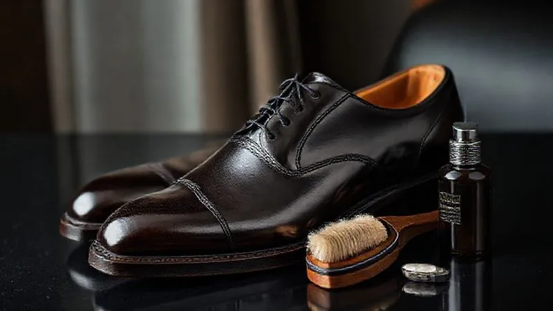 Photorealistic, professional photography, 8K, cinematic lighting, sharp focus, depth of field, shot on a high-end DSLR. A pair of well-maintained, polished dark leather formal shoes (Oxford or Derby style) resting on a wooden shoe tree, with shoe care products (polish, brush, conditioner) neatly arranged beside them on a dark, elegant surface. The scene should convey care and longevity.