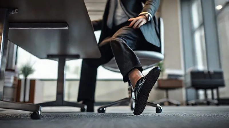 Photorealistic, professional photography, 8K, cinematic lighting, sharp focus, depth of field, shot on a high-end DSLR. A lawyer, dressed in a sharp suit, discreetly performing a gentle foot stretch under their desk in a professional office setting. The image should convey subtle self-care amidst a busy work environment, with a focus on ease and effectiveness.