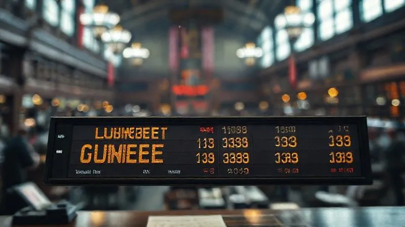A photorealistic image of a vintage stock ticker tape displaying luxury brand names and fluctuating prices, with a blurred background of a bustling auction house. Cinematic lighting, 8K, depth of field, sharp focus on the ticker tape.