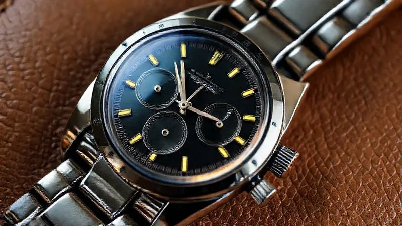 A macro, photorealistic shot of the dial of a classic Rolex Daytona, showcasing its intricate details and luminous markers. The watch is on a subtle leather surface, with warm, focused lighting. 8K, professional photography, conveying precision and luxury.
