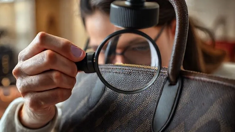 A photorealistic image of a luxury handbag being examined under a magnifying glass by an expert, focusing on a subtle authenticity detail like a serial number or stitching. The scene is well-lit, professional, with a sense of meticulous inspection and a blurred background of other luxury items. 8K, sharp focus, depth of field.