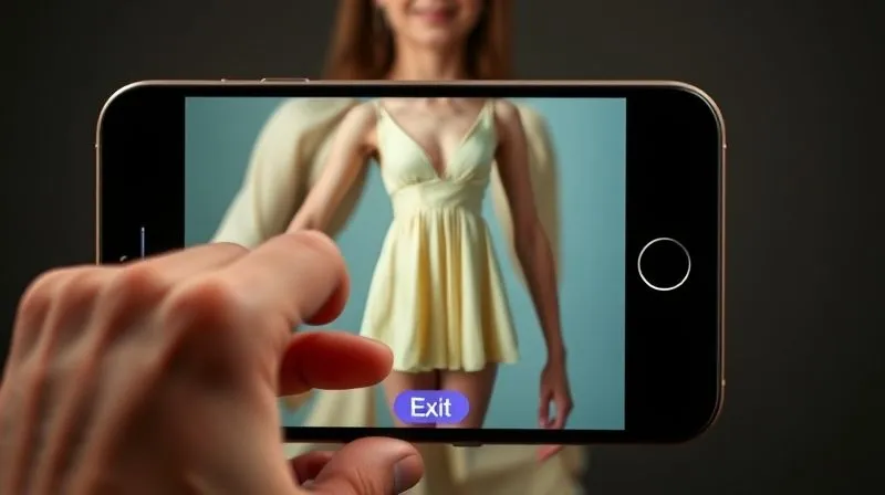 A smartphone screen showing a highly distorted AR fashion item on a person, with a frustrated user's hand hovering over the 'exit' button. The virtual dress is floating several inches away from the body, and the user's expression is one of annoyance. Photorealistic, professional photography, 8K, cinematic lighting, sharp focus, depth of field, shot on a high-end DSLR.