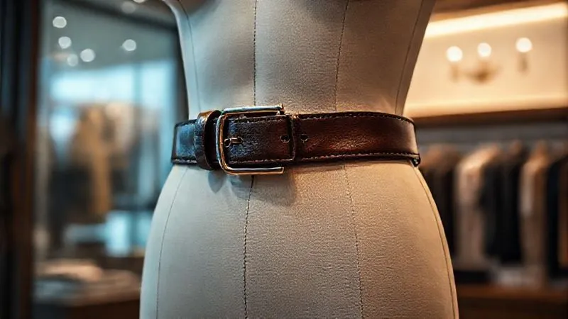 photorealistic, professional photography, 8K, cinematic lighting, sharp focus, depth of field, shot on a high-end DSLR, a luxury leather belt elegantly draped over a mannequin's waist, showcasing its texture and buckle, in a softly lit, minimalist, high-end boutique setting, with a blurred background suggesting exclusivity.