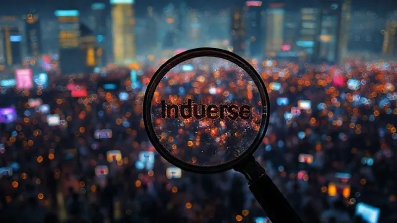 Photorealistic image depicting a bustling digital landscape with numerous glowing data points representing influencers, some fading out while others shine brightly. In the foreground, a magnifying glass highlights the concept of 'authenticity' amidst the crowd. Professional photography, 8K, cinematic lighting, sharp focus, depth of field, shot on a high-end DSLR.