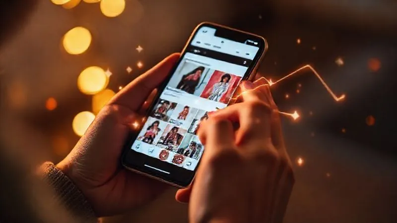 Photorealistic image of a person's hands holding a smartphone, displaying a social media feed with various fashion posts. Overlayed are subtle, glowing data points and arrows indicating engagement metrics (likes, comments, shares) with some showing a downward trend, symbolizing audience engagement challenges. Professional photography, 8K, cinematic lighting, sharp focus, depth of field, shot on a high-end DSLR.