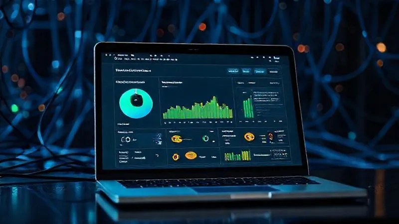 Photorealistic image of a sleek laptop screen displaying a website's performance metrics, with a focus on loading speed and mobile responsiveness. A subtle overlay of network cables and data streams symbolizes the technical backend. Professional photography, 8K, cinematic lighting, sharp focus, depth of field, shot on a high-end DSLR.