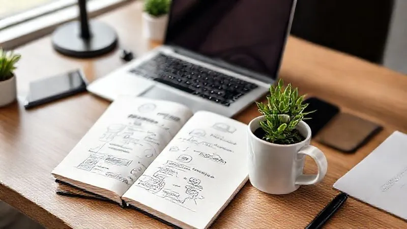 Photorealistic image of a stylish, modern desk setup with a laptop, a notebook with multiple revenue stream ideas sketched out, a coffee cup, and a small, vibrant plant. The overall impression is one of organized productivity and diverse opportunities. Professional photography, 8K, cinematic lighting, sharp focus, depth of field, shot on a high-end DSLR.