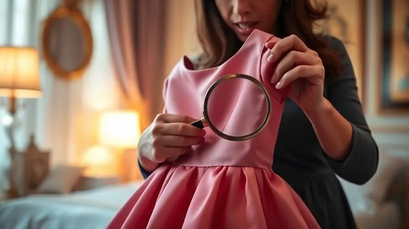 A photorealistic image of a frustrated parent holding a luxurious, slightly ill-fitting child's formal dress, examining a specific area like the shoulder seam or waistline, with a magnifying glass. The background is a softly lit, elegant child's bedroom, 8K, cinematic lighting, sharp focus on the dress and hands, depth of field blurring the room.