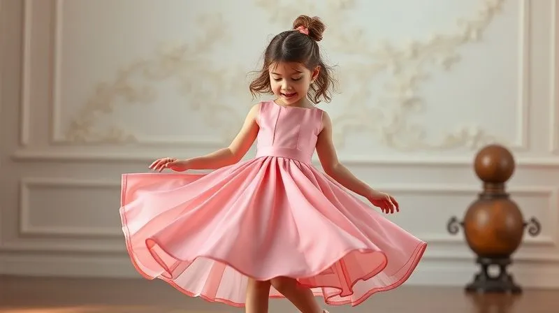 A photorealistic, professional photography shot of a child model (around 6-8 years old) in a beautifully fitted luxury occasion dress, twirling gracefully. The image is a still from a 360-degree product video, showcasing movement and drape. Soft, natural light, elegant background, 8K, cinematic, sharp focus on the child and dress, depth of field blurring the surroundings.