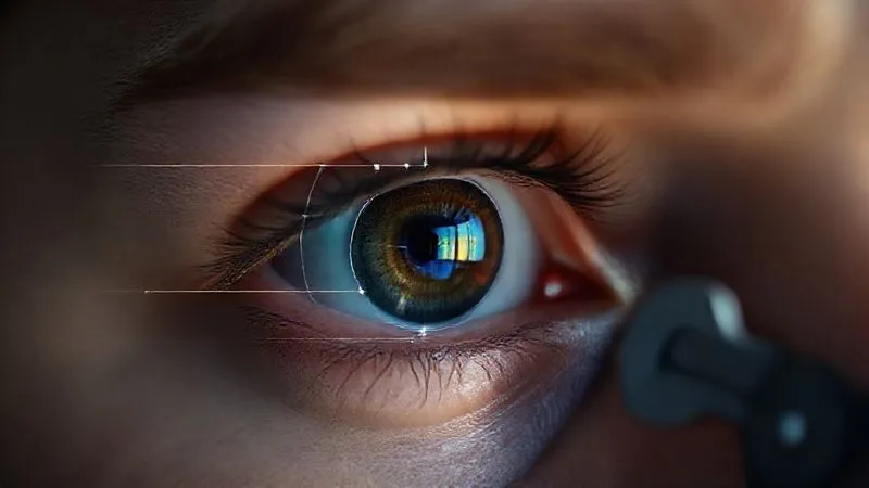 A photorealistic, professional photography, 8K, cinematic lighting, sharp focus, depth of field, shot on a high-end DSLR. Close-up of a progressive lens on a person's eye, with subtle, translucent overlays illustrating the different vision zones (distance, intermediate, near) and how they align with the pupil. A measuring tool is faintly visible in the background, emphasizing precision. The person's eye shows clear focus in the intended zone.