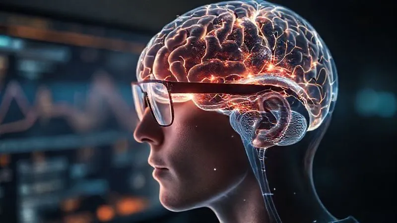 A photorealistic, professional photography, 8K, cinematic lighting, sharp focus, depth of field, shot on a high-end DSLR. A stylized, abstract representation of the human brain with subtle glowing neural pathways, overlaid with a translucent image of a person wearing progressive glasses, looking from a distant monitor to a close document. The focus is on the brain's activity, suggesting learning and adaptation, with a soft, warm light.