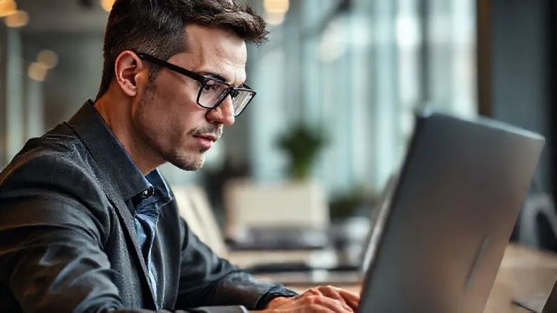A photorealistic, professional photography, 8K, cinematic lighting, sharp focus, depth of field, shot on a high-end DSLR. A person in a business casual setting, wearing progressive glasses, is subtly demonstrating the "point your nose" technique while looking at a laptop screen. Their head is slightly tilted, and their eyes are focused, with a clear line of sight through the lens. The background is a modern office, softly blurred, emphasizing the individual's focused action.