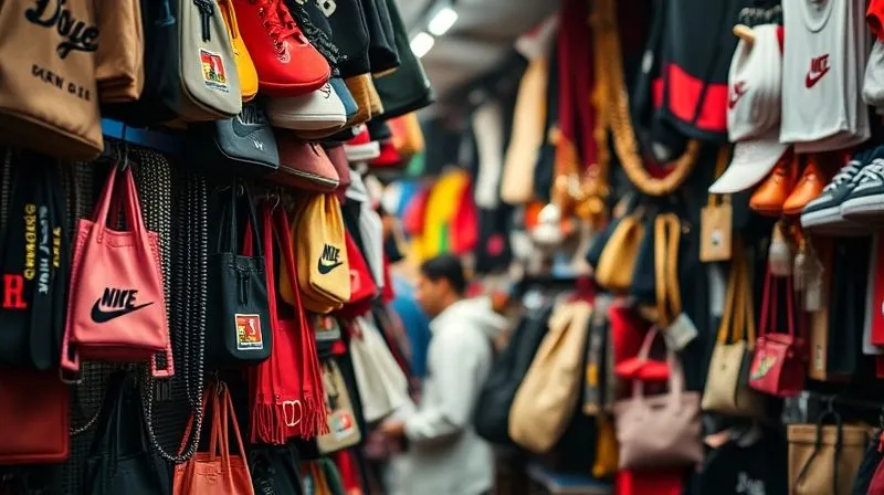 A photorealistic image of a cluttered market stall overflowing with generic, unbranded streetwear accessories, blurring into a sea of sameness. Professional photography, 8K, cinematic lighting, sharp focus on the lack of distinct identity, depth of field.