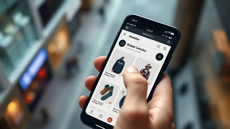 A photorealistic, high-angle shot of a smartphone screen displaying a sleek, fast-loading e-commerce page for streetwear accessories, with a finger poised to click 'Add to Cart'. The background is a slightly blurred, modern urban setting. Professional photography, 8K, cinematic lighting, sharp focus on the screen, depth of field.