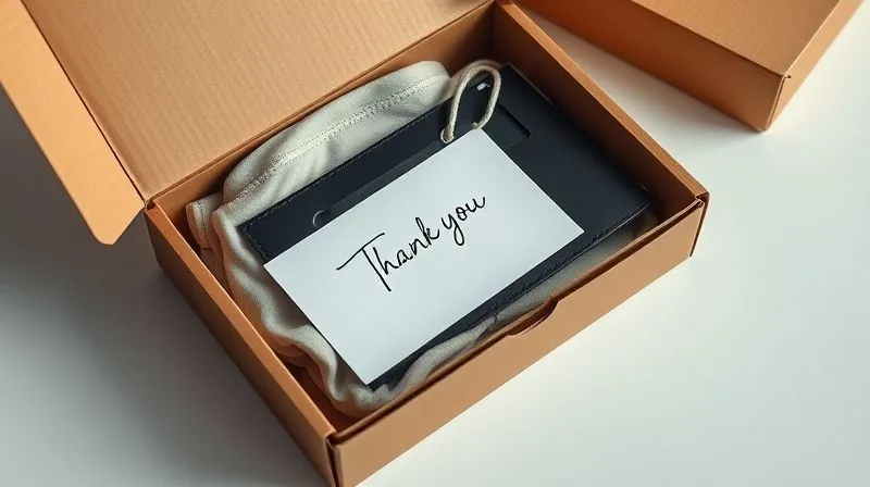 A photorealistic close-up of a neatly packaged streetwear accessory box, with a personalized thank you note visible, resting on a clean, minimalist surface. The lighting is soft and inviting, highlighting the premium feel. Professional photography, 8K, cinematic lighting, sharp focus on the details, depth of field.