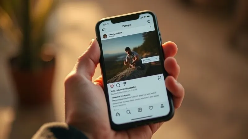 A photorealistic close-up of a hand holding a smartphone, displaying an Instagram post with a high number of genuine comments and likes, cinematic lighting, sharp focus on the screen, depth of field blurring the background, 8K hyper-detailed, shot on a high-end DSLR.