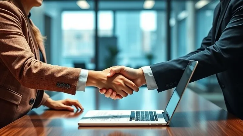 A photorealistic image of two professional individuals shaking hands across a table, one with a laptop displaying a contract, in a modern, well-lit office setting. The mood is collaborative and decisive, cinematic lighting, sharp focus on the handshake, depth of field, 8K hyper-detailed, shot on a high-end DSLR.