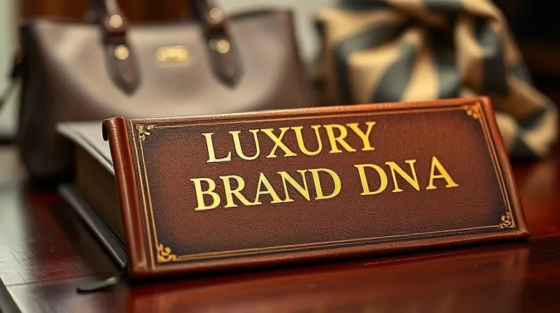 A photorealistic close-up of a vintage leather-bound book titled "Luxury Brand DNA" on a polished mahogany desk, with a soft spotlight highlighting intricate gold leaf lettering. In the background, subtly blurred, are iconic luxury fashion items like a classic handbag and a silk scarf. Professional photography, 8K, cinematic lighting, sharp focus on the book, depth of field.