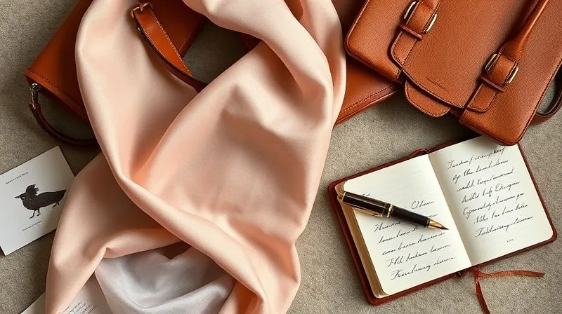 A photorealistic flat lay of a meticulously styled fashion scene: a silk scarf draped artfully over a classic leather handbag, next to a vintage fountain pen and a journal with elegant script. Soft, directional light highlights textures. 8K, professional photography, cinematic lighting, sharp focus on the details, depth of field.