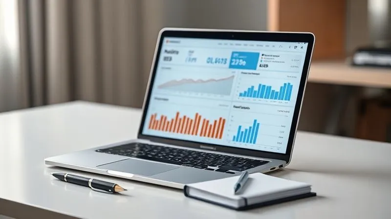 A photorealistic, sleek minimalist desk setup with a laptop displaying a sophisticated analytics dashboard showing various graphs and charts for audience demographics, engagement rates, and website traffic. A designer pen and a small, elegant notebook are beside it. Professional photography, 8K, cinematic lighting, sharp focus on the screen, depth of field.