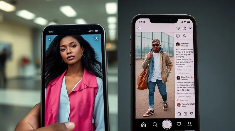 Photorealistic, professional photography, 8K, cinematic lighting, sharp focus, depth of field, shot on a high-end DSLR. A split image showing two phone screens side-by-side. On the left, a popular influencer in a generic setting with high follower count but low engagement metrics for a fashion post. On the right, a micro-influencer in a street-style setting, lower follower count but vibrant, authentic comments and high engagement on their streetwear outfit post. A subtle visual line divides the screens, symbolizing the contrast between reach and resonance.