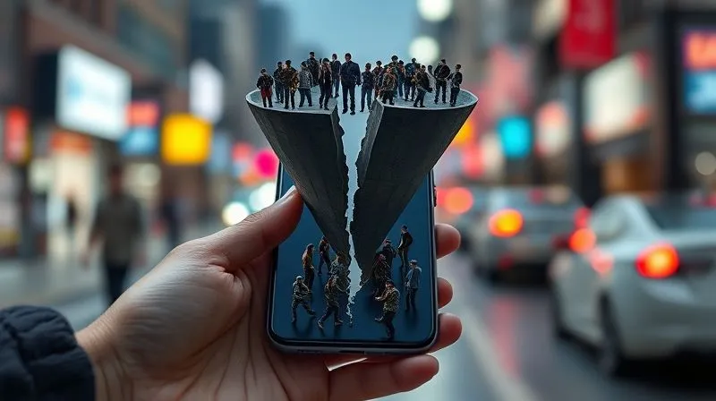 Photorealistic, professional photography, 8K, cinematic lighting, sharp focus, depth of field, shot on a high-end DSLR. A stylized visual representation of a broken sales funnel on a smartphone screen. The top of the funnel is wide with many small figures (representing influencer reach), but halfway down, the funnel has a large crack, with most figures falling out before reaching the narrow bottom (representing conversions). The background is a blurred, vibrant street scene.