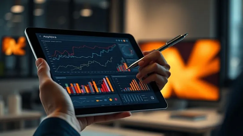 Photorealistic, professional photography, 8K, cinematic lighting, sharp focus, depth of field, shot on a high-end DSLR. A close-up shot of a hand holding a tablet displaying an analytics dashboard with various graphs and charts, showing both upward and downward trends. The other hand is holding a pen, poised as if making notes for optimization. The background is a blurred, modern office space with a subtle glow from a monitor, emphasizing data analysis and strategic planning.