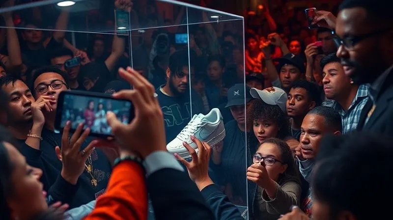 Photorealistic, professional photography, 8K, cinematic lighting, sharp focus, depth of field, shot on a high-end DSLR. A vibrant, energetic crowd of stylish individuals in streetwear, eagerly reaching towards a dimly lit display case where a single, glowing, highly coveted streetwear sneaker is showcased. The scene captures a sense of exclusivity, anticipation, and the 'hype' around a limited drop.