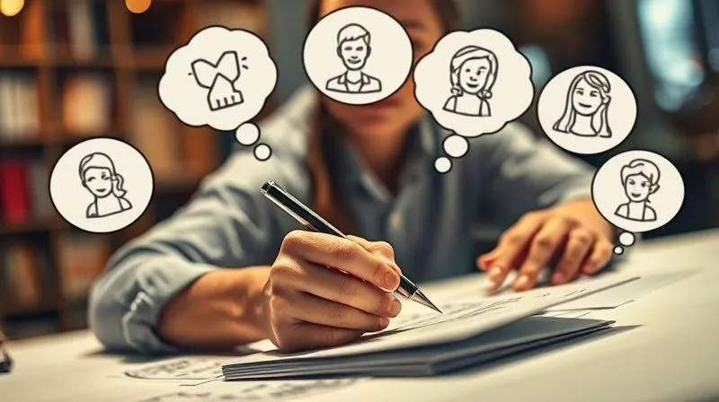 A photorealistic image of a jewelry designer sketching new designs, surrounded by thought bubbles containing customer feedback icons, trend mood boards, and happy customer faces, cinematic lighting, sharp focus on the designer's hands, depth of field, 8K hyper-detailed.