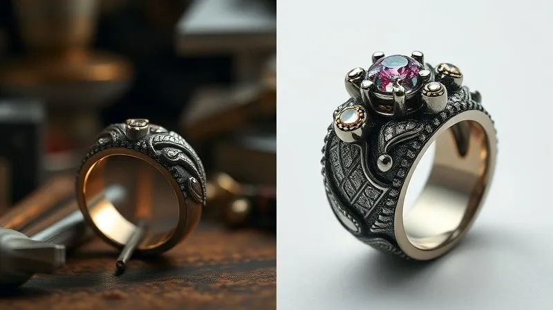 A photorealistic side-by-side comparison of two identical, unique handmade rings. One is poorly photographed: dark, blurry, cluttered background. The other is perfectly lit, sharp focus, clean background, showcasing intricate details. Cinematic lighting, 8K hyper-detailed.