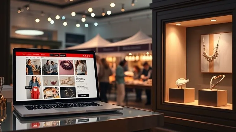 A photorealistic image metaphorically representing various sales channels for handmade jewelry: a laptop screen displaying an e-commerce website, a bustling craft fair stall with people browsing, and an elegant, well-lit boutique window with a single exquisite piece on display. Cinematic lighting, sharp focus, 8K hyper-detailed.
