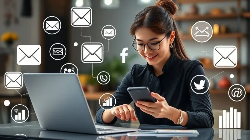 A photorealistic image of a jewelry designer actively engaging with a laptop, tablet, and smartphone, surrounded by icons representing social media platforms, email newsletters, and website analytics. The designer is smiling, suggesting proactive and successful marketing efforts. Cinematic lighting, sharp focus, 8K hyper-detailed.