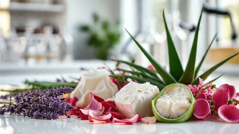 A photorealistic close-up of a diverse array of raw botanical ingredients (lavender, rose petals, aloe vera leaf, shea butter) meticulously arranged on a pristine white laboratory bench, illuminated by soft, natural light filtering through a window. Scientific glassware and a magnifying glass are subtly visible in the blurred background, emphasizing both nature and scientific scrutiny. Sharp focus on the intricate textures and vibrant colors of the plants, professional photography, 8K, cinematic lighting, depth of field. This image evokes the complexity and beauty of natural components in cosmetic formulation.
