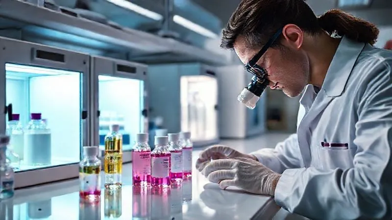 A photorealistic, high-angle shot of a meticulously organized laboratory bench. On the bench, various clean beauty product samples are arranged in different environmental chambers: one in a brightly lit UV chamber, another in a controlled humidity chamber, and a third in a freezer. A scientist in a lab coat is observing a sample with a magnifying glass. The scene is bathed in cool, professional cinematic lighting, highlighting the scientific rigor and precise control. Shot on a high-end DSLR, 8K hyper-detailed, sharp focus on the samples, depth of field blurring the background.