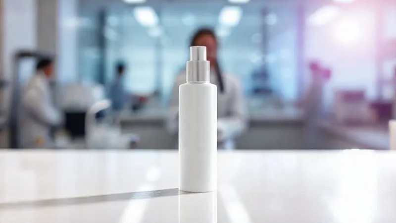 A photorealistic image of a sleek, minimalist clean beauty product bottle standing confidently on a polished lab surface, perfectly stable and pristine. In the background, a blurred but identifiable image of a successful product launch event or a happy customer. The lighting is bright and optimistic, conveying success and resilience. Sharp focus on the product, symbolizing stability and market readiness. Shot on a high-end DSLR, 8K hyper-detailed, professional photography, depth of field.