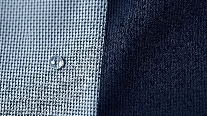 A close-up, photorealistic, professional photography shot of two contrasting activewear fabric swatches. One swatch shows a tightly woven, almost impermeable texture with subtle moisture beading, symbolizing breathability failure. The other shows an open, micro-perforated structure, with a hint of vapor escaping. 8K, cinematic lighting, sharp focus, depth of field, shot on a high-end DSLR.
