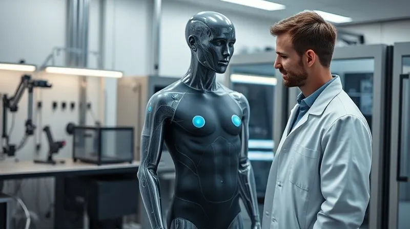 A photorealistic, professional photography shot inside a sophisticated textile testing lab. A technician in a white lab coat is observing an advanced thermal mannequin (like a sweating manikin) wearing an activewear prototype, with sensors visible. Cinematic lighting, sharp focus on the mannequin and sensors, depth of field blurring the lab equipment in the background. 8K, shot on a high-end DSLR.