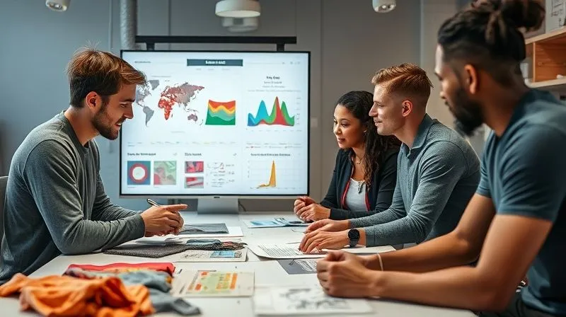 A photorealistic, professional photography image depicting a collaborative design process. A diverse team of textile engineers, designers, and athletes are gathered around a table, analyzing fabric swatches, digital design mockups on a large screen, and performance data charts. One person points to a specific data point. Cinematic lighting, sharp focus on the team and their work, depth of field. 8K, shot on a high-end DSLR.