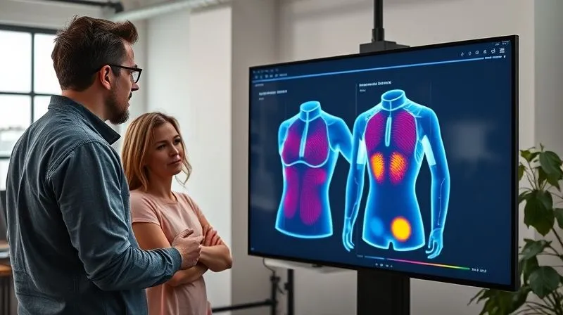 A photorealistic, professional photography shot of a textile engineer and an activewear designer collaborating in a modern studio. They are looking at a 3D digital model of an activewear garment on a large screen, overlaid with heat maps and airflow simulations, discussing fabric placement. 8K, cinematic lighting, sharp focus on their interaction and the screen, depth of field. Shot on a high-end DSLR.
