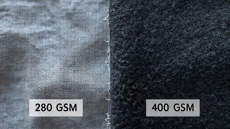 Photorealistic, professional photography, 8K, cinematic lighting, sharp focus, depth of field, shot on a high-end DSLR. A close-up comparison of two fabric swatches. One swatch is a thin, loosely woven gray cotton, appearing slightly frayed and translucent. The other is a thick, densely woven dark grey cotton fleece, showing robust texture and opacity. A subtle label below each indicates '280 GSM' and '400 GSM' respectively, without text on the fabric itself. The lighting highlights the difference in density and quality, conveying durability versus fragility.