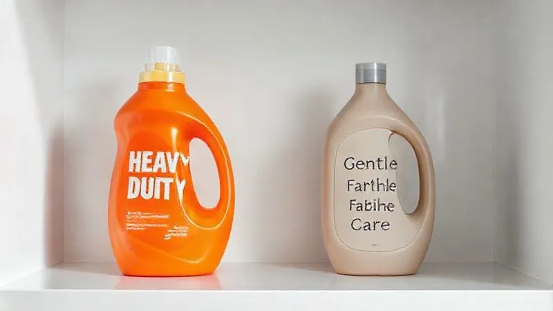 Photorealistic, professional photography, 8K, cinematic lighting, sharp focus, depth of field, shot on a high-end DSLR. A stark visual contrast between two detergent bottles on a clean white shelf. One is a generic, brightly colored, large bottle with bold 'Heavy Duty' text, appearing aggressive. The other is a minimalist, earth-toned bottle with subtle 'Gentle Fabric Care' text, looking refined and soft. The lighting emphasizes the difference in implied harshness versus gentleness, conveying a choice for garment longevity.