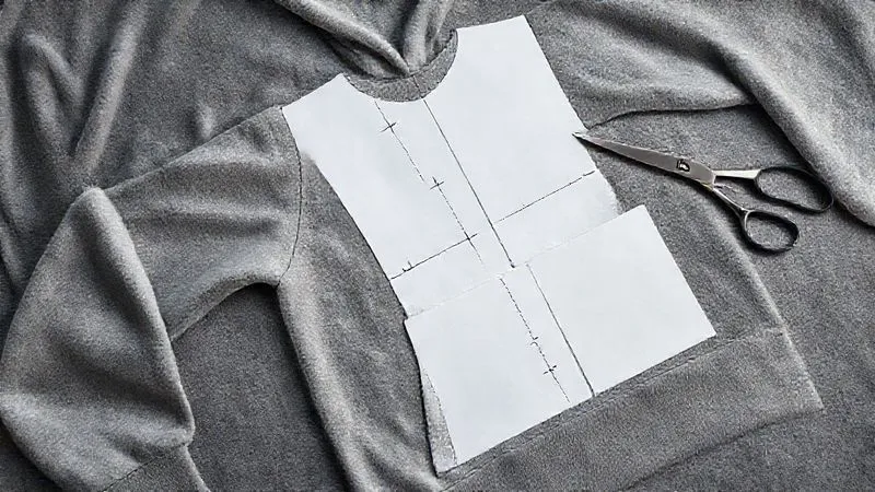 Photorealistic, professional photography, 8K, cinematic lighting, sharp focus, depth of field, shot on a high-end DSLR. A close-up, overhead shot of a tailor's table. A large piece of grey fleece fabric is spread out. On top, several paper pattern pieces for a hoodie (sleeve, body, hood) are precisely laid out, with clear grainline arrows drawn on them, perfectly aligned with the fabric's weave. A pair of sharp fabric shears rests nearby. The scene is well-lit, highlighting precision and craftsmanship.