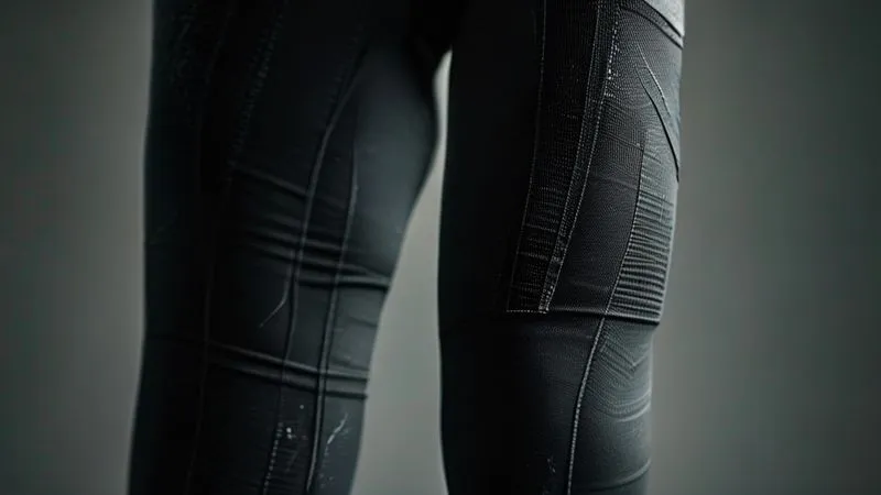 A close-up, photorealistic professional photography shot of a well-worn pair of black activewear leggings, showing visible signs of fabric pilling on the inner thighs and subtle stretching/sagging around the knees. The texture should look slightly rough and less smooth than new fabric. Cinematic lighting, sharp focus on the pilled areas, depth of field, 8K hyper-detailed, conveying wear and tear.